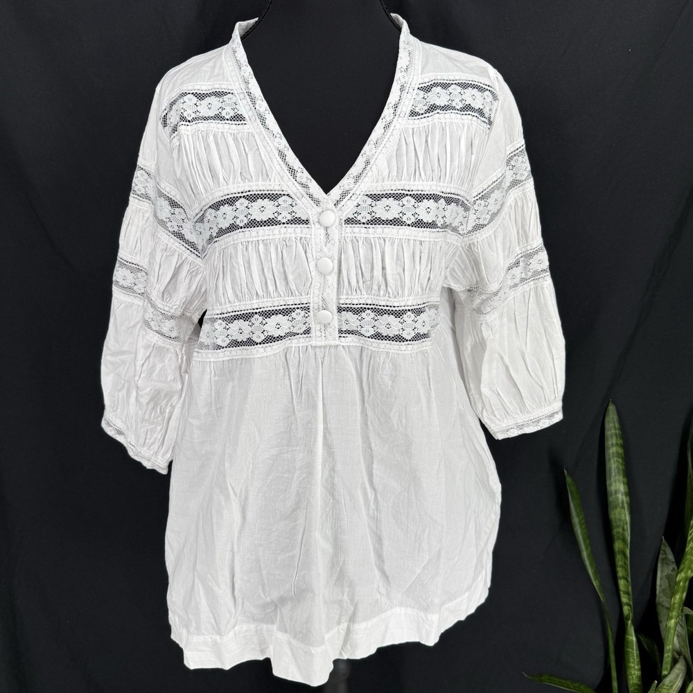 White Cotton Prairie Boho Top M Cottage Romantic Edwardian Victorian Dainty Lace
